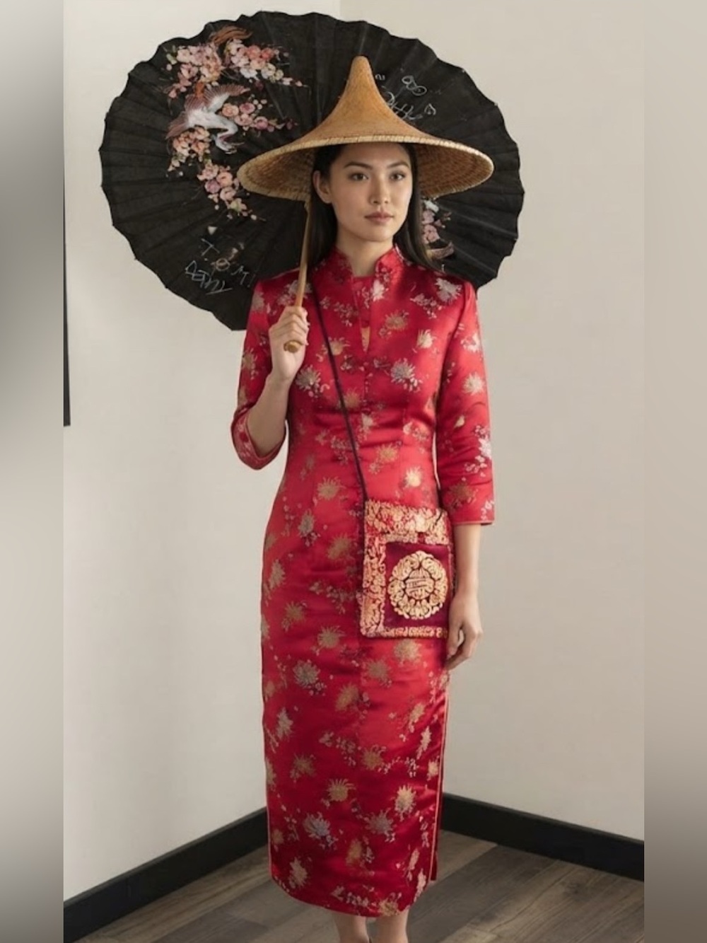 Vintage authentic Peony Shanghai Chinese oriental dress size small umbrella hat
